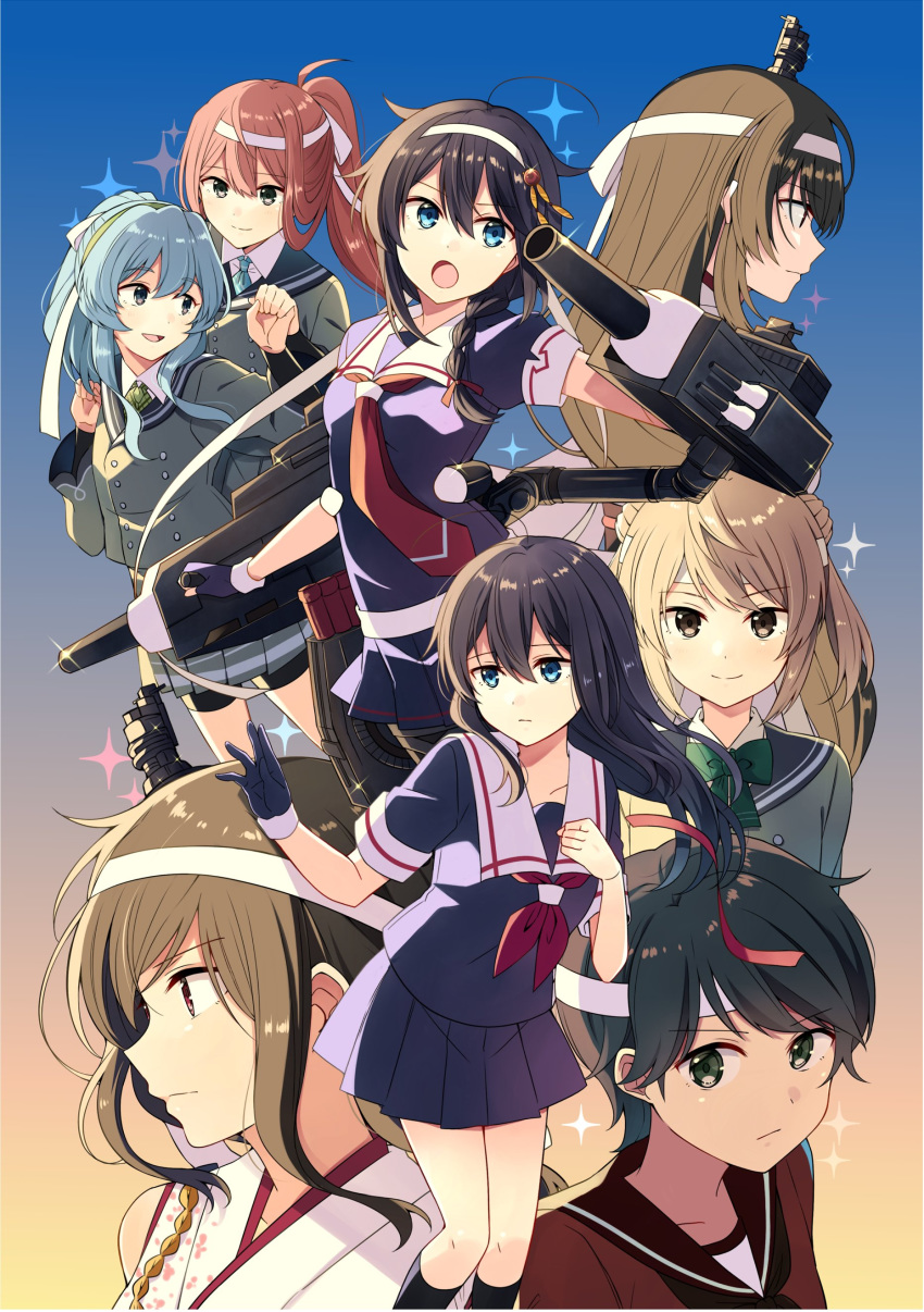 6+girls absurdres adapted_costume ahoge alternate_hairstyle asagumo_(kantai_collection) black_gloves black_hair black_serafuku black_skirt blue_eyes braid dual_persona fingerless_gloves fusou_(kantai_collection) gloves gradient gradient_background hair_down hair_flaps hair_ornament hair_over_shoulder headband highres kantai_collection machinery michishio_(kantai_collection) mogami_(kantai_collection) multiple_girls neckerchief necktie pleated_skirt red_neckwear remodel_(kantai_collection) sailor_collar school_uniform serafuku shigure_(kantai_collection) single_braid single_glove skirt white_headband white_sailor_collar yamagumo_(kantai_collection) yamashiro_(kantai_collection) yukichi_(eikichi)