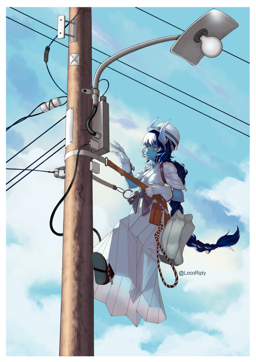 1girl bangs blue_hair blue_skin blue_sky braid braided_ponytail cable cloud cloudy_sky dmitriy_samarkin dress gloves grey_sash hat highres horns long_hair original power_lines repairing sky solo twitter_username utility_pole very_long_hair white_dress white_gloves white_headwear youkai