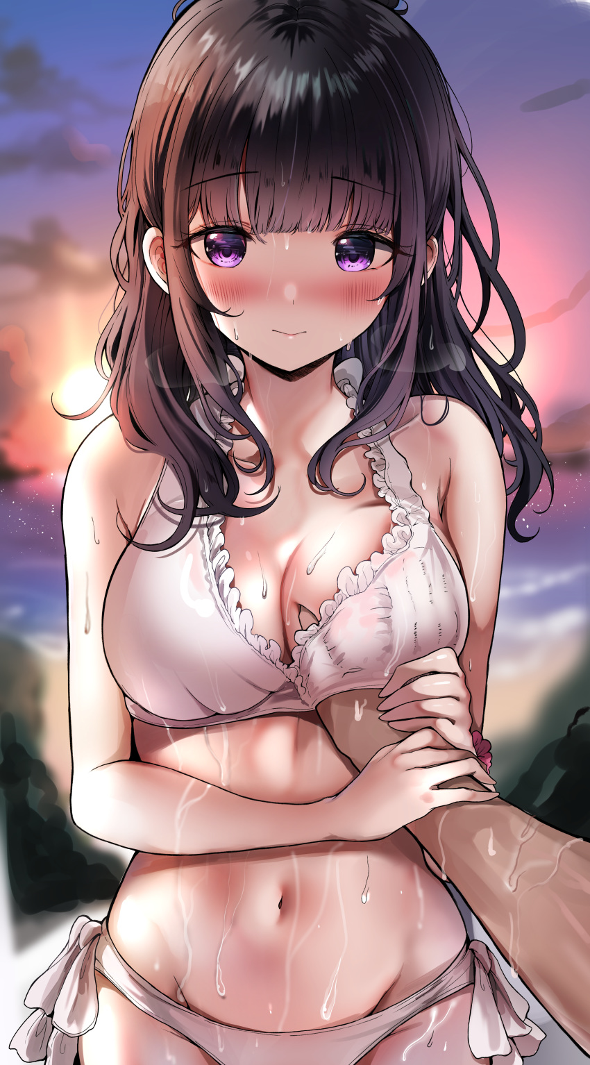 1girl absurdres backlighting bangs bare_shoulders bikini black_bikini black_hair blush breast_grab breasts chitanda_eru cleavage closed_mouth collarbone grabbing guided_breast_grab halterneck hand_under_clothes hand_under_swimsuit highres huge_filesize hyouka large_breasts long_hair looking_at_viewer navel pov purple_eyes sak_(lemondisk) side-tie_bikini smile solo_focus swimsuit wet wrist_grab wristlet