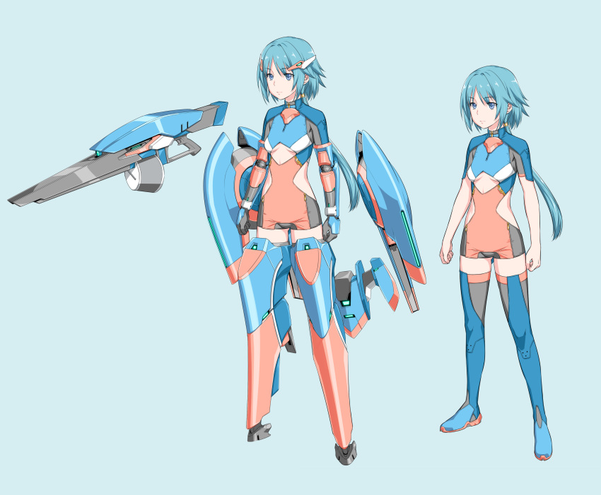 1girl absurdres armor blue_background blue_footwear blue_hair bodysuit boots breasts clenched_hands closed_mouth concept_art exoskeleton gloves grey_gloves gun highres mecha_musume multiple_views original ponytail purple_eyes simple_background small_breasts standing thigh_boots thighhighs underboob unpokotan weapon