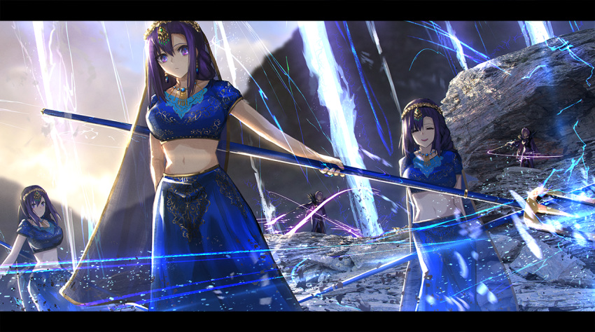 5girls amulet boulder clone closed_eyes electricity fate/grand_order fate_(series) fur_collar indian_clothes jewelry lightning long_hair matou_sakura midriff multiple_girls navel necklace otsumami_(bu-bu-heaven) parvati_(fate/grand_order) polearm purple_eyes purple_hair rock scathach_(fate)_(all) scathach_skadi_(fate/grand_order) smile tiara trident wand weapon