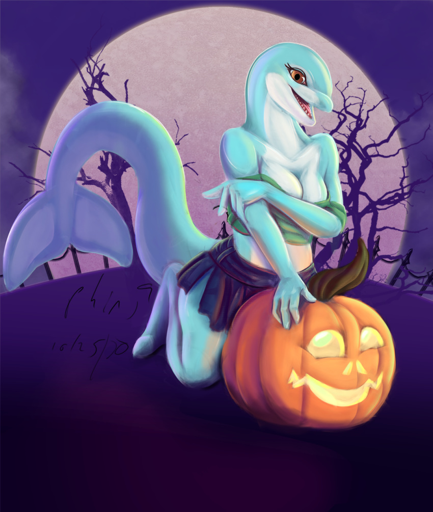 anthro blue_body blue_skin bottlenose_dolphin bottomwear breasts cetacean clothing delphinoid eyelashes fangs female fin food fruit halloween hi_res holidays jack-o'-lantern mammal marine marine_mammal moon oceanic_dolphin phinja plant pumpkin raised_tail skirt solo toothed_whale tree