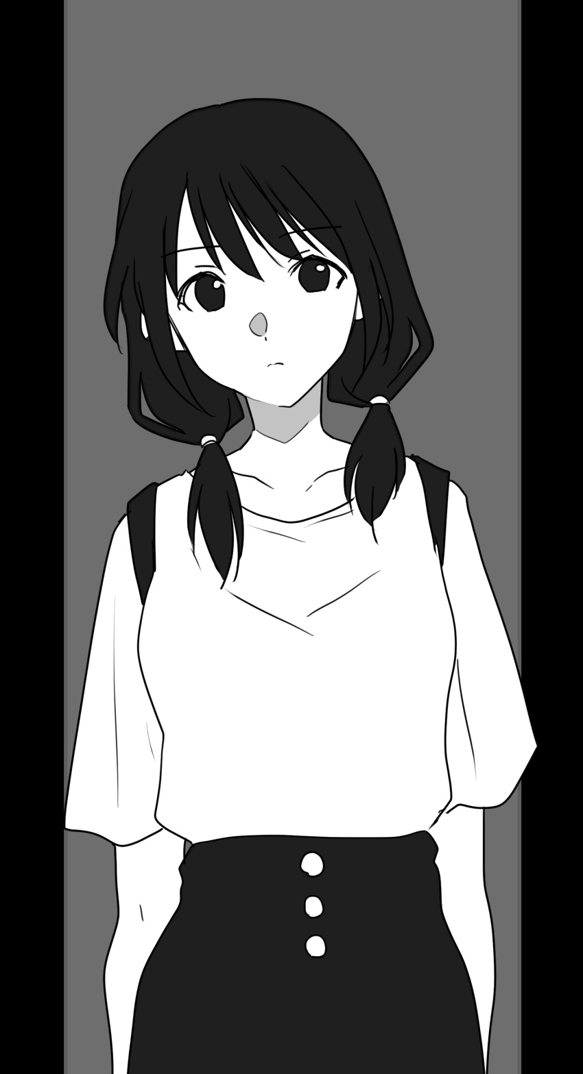 1girl absurdres bangs black_hair breasts buttons closed_mouth commentary_request cowboy_shot expressionless eyebrows_visible_through_hair greyscale highres hikaru_(ofuton_at5) long_hair looking_at_viewer low_twintails monochrome pants shirt shirt_tucked_in sketch solo standing tamura_yuri twintails watashi_ga_motenai_no_wa_dou_kangaetemo_omaera_ga_warui!