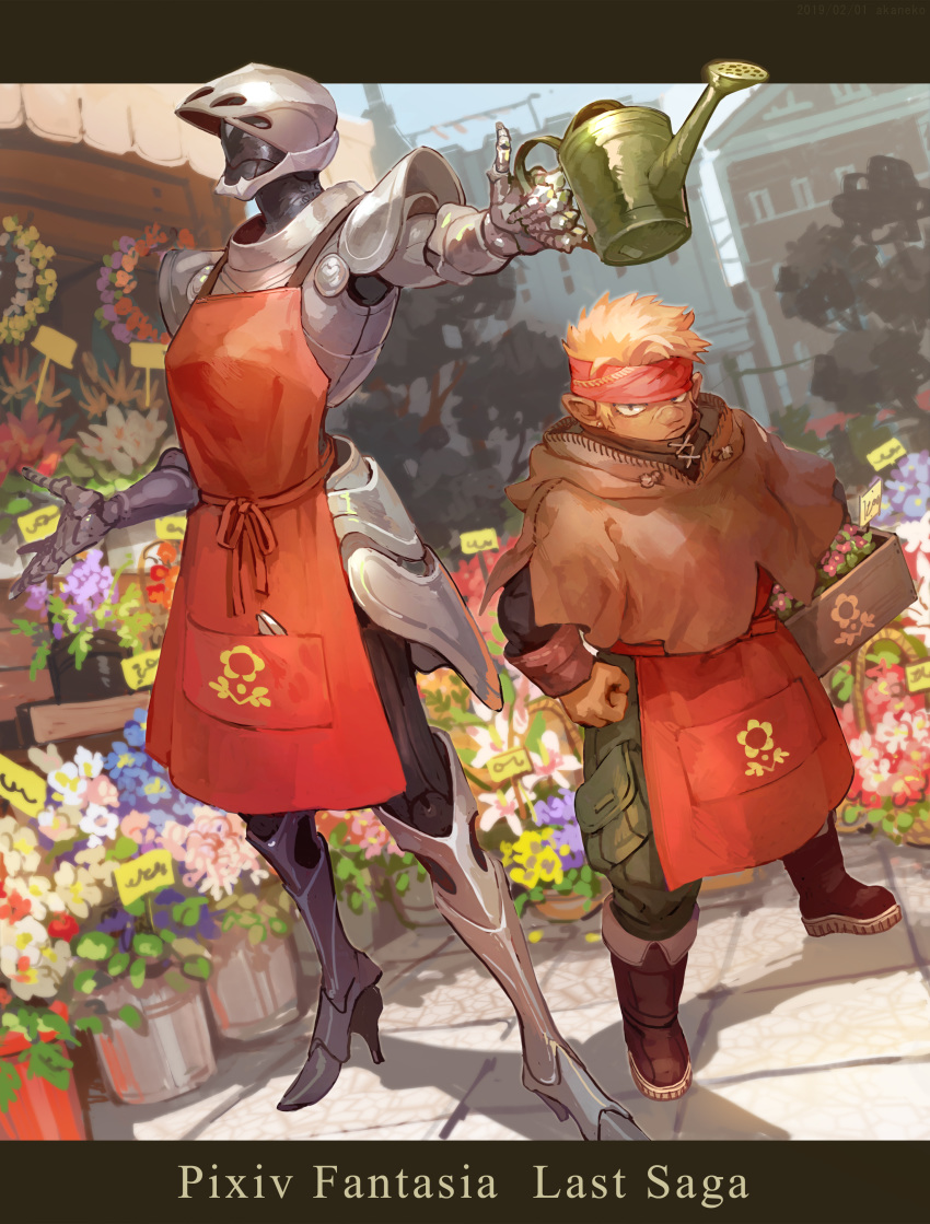 1girl 1other absurdres akaneko_(redakanekocat) apron armor boots brown_capelet brown_footwear brown_gloves clenched_hand day florist flower flower_pot frown gaden_cole-miners gauntlets gloves green_pants grey_footwear headband highres holding holding_watering_can lartuier_steel outdoors pants pixiv_fantasia pixiv_fantasia_last_saga pocket red_apron red_headband standing watering_can