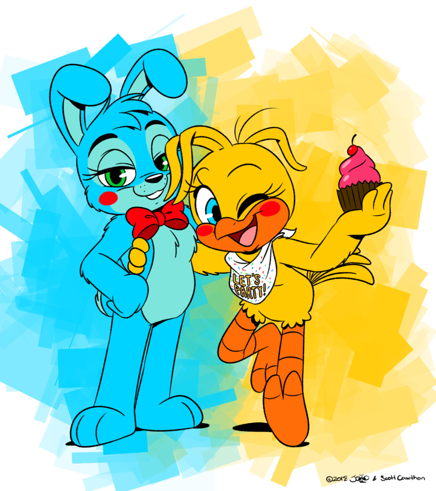 2018 2_toes 3_toes 4_fingers anthro avian beak bib bird blue_body blue_eyes blue_fur blue_hair blue_inner_ear bow_tie buckteeth cherry chest_tuft chicken cupcake duo eyebrows eyelashes feathers female fingers five_nights_at_freddy's five_nights_at_freddy's_2 food freckles fruit fur galliform gallus_(genus) girly green_eyes hair half-closed_eyes head_tuft hi_res joaoppereiraus lagomorph leporid looking_at_viewer male mammal narrowed_eyes nude one_eye_closed open_mouth open_smile phasianid plant rabbit red_cheeks semi-anthro smile standing tail_feathers teeth toes toy_bonnie_(fnaf) toy_chica_(fnaf) tuft video_games yellow_body yellow_feathers