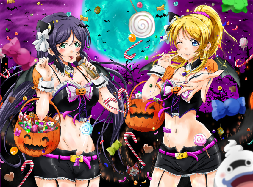 2girls :p ayase_eli bat belt blonde_hair blue_eyes blurry blush breasts candy candy_cane cleavage collarbone depth_of_field detached_collar food full_moon garter_straps green_eyes groin halloween halloween_basket large_breasts long_hair love_live! love_live!_school_idol_project medium_breasts moon multiple_girls navel one_eye_closed purple_hair purple_sky shogo_(4274732) short_shorts shorts smile thighs tongue tongue_out toujou_nozomi wrist_cuffs