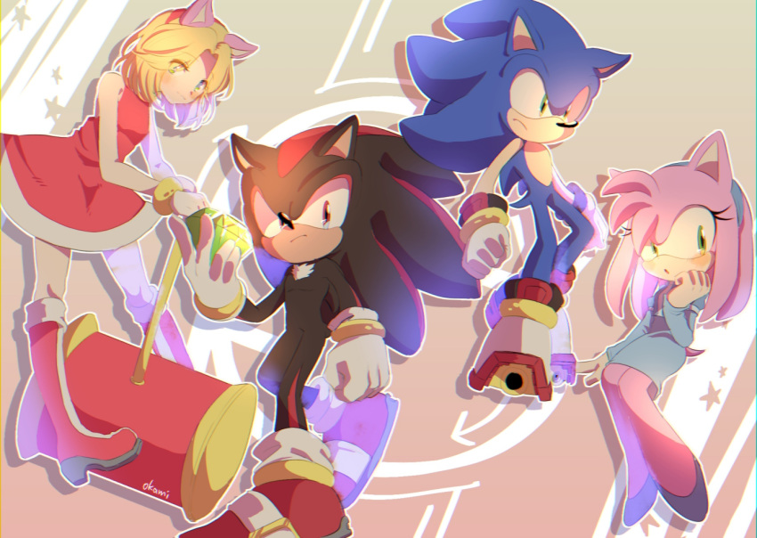 2boys 2girls amy_rose amy_rose_(cosplay) animal_ears blue_dress boots breasts chaos_emerald cosplay costume_switch dress gloves green_eyes hairband hammer holding jewelry maria_robotnik maria_robotnik_(cosplay) multiple_boys multiple_girls red_dress red_eyes red_footwear ring shadow_the_hedgehog shadow_the_hedgehog_(cosplay) shoes small_breasts sneakers sonic sonic_(cosplay) sonic_the_hedgehog tondamanuke white_gloves