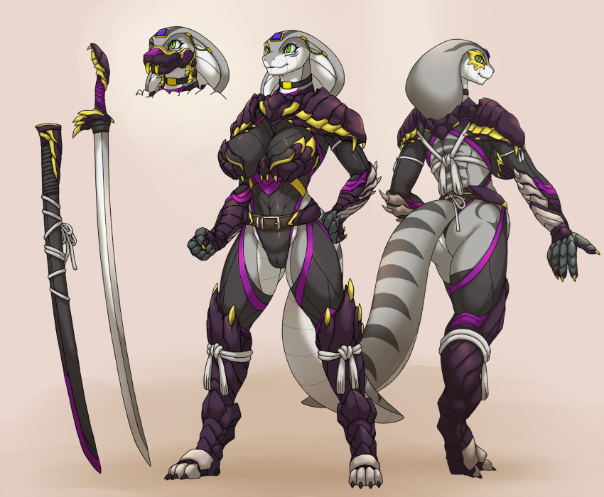 anthro armor breasts butt camel_toe claws clothed clothing fangs female gem genitals green_eyes grey_body hi_res link2004 mask melee_weapon model_sheet multicolored_body non-mammal_breasts partially_clothed pussy reptile scalie simple_background smile snake solo sword two_tone_body wadjet_(kiala_tiagra) weapon white_body