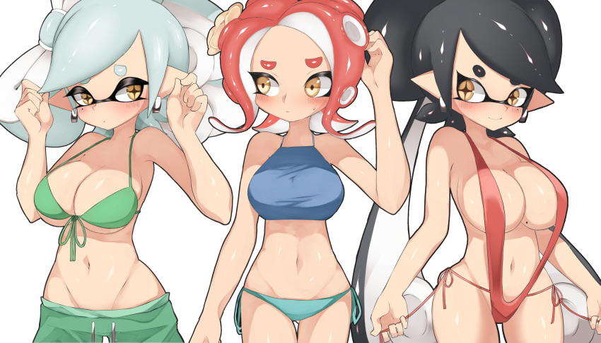 +_+ 3girls aori_(splatoon) ass_visible_through_thighs bangs bare_shoulders bikini bikini_shorts black_hair blue_bikini blush breasts brown_eyes cleavage closed_mouth cousins cowboy_shot domino_mask earrings flower front-tie_bikini front-tie_top green_bikini green_hair grey_hair groin hair_flower hair_ornament hand_in_hair hand_on_ear highres hotaru_(splatoon) jewelry large_breasts light_blush light_frown long_hair looking_at_viewer looking_away lowleg lowleg_bikini lowleg_shorts makeup mascara mask medium_hair midriff mismatched_bikini mole mole_under_eye multiple_girls navel octoling pointy_ears red_hair red_swimsuit shorts side-tie_bikini side-tie_swimsuit simple_background slingshot_swimsuit smile splatoon_(series) standing stomach suction_cups sukeo_(nunswa08) sweatdrop swept_bangs swimsuit tentacle_hair thigh_gap tied_hair untying very_long_hair white_background