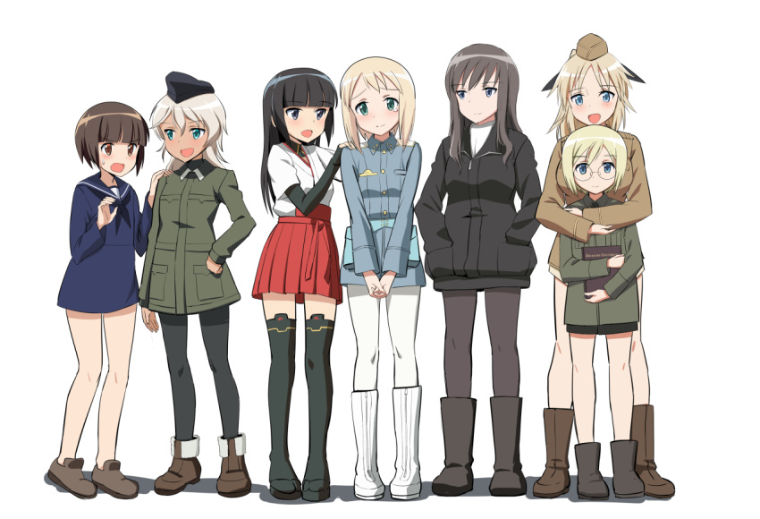 507th_joint_fighter_wing 6+girls anabuki_tomoko bangs black_eyes black_footwear black_hair black_headwear black_jacket black_legwear black_neckwear black_ribbon black_shirt blonde_hair blouse blue_blouse blue_eyes blue_jacket blue_sailor_collar blunt_bangs blush bob_cut book boots brown_eyes brown_footwear brown_hair brown_headwear brown_jacket closed_mouth commentary_request elizabeth_f_beurling elma_leivonen frown garrison_cap giuseppina_ciuinni glasses green_eyes green_jacket hair_ribbon hakama_skirt hand_on_hip hands_in_pockets hands_on_another's_shoulders hands_together hat holding holding_book hug hug_from_behind interlocked_fingers jacket japanese_clothes kaneko_(novram58) katharine_ohare light_smile long_hair long_sleeves looking_at_viewer medium_hair military military_hat military_uniform miniskirt multiple_girls neckerchief no_pants no_socks open_mouth pantyhose red_skirt ribbon round_eyewear sailor_collar sakomizu_haruka sandals shadow shirt shoes short_hair short_over_long_sleeves short_sleeves silver_hair simple_background skirt smile standing straight_hair sweatdrop tan tearing_up thighhighs uniform ursula_hartmann v_arms white_background white_footwear white_legwear white_shirt world_witches_series zipper