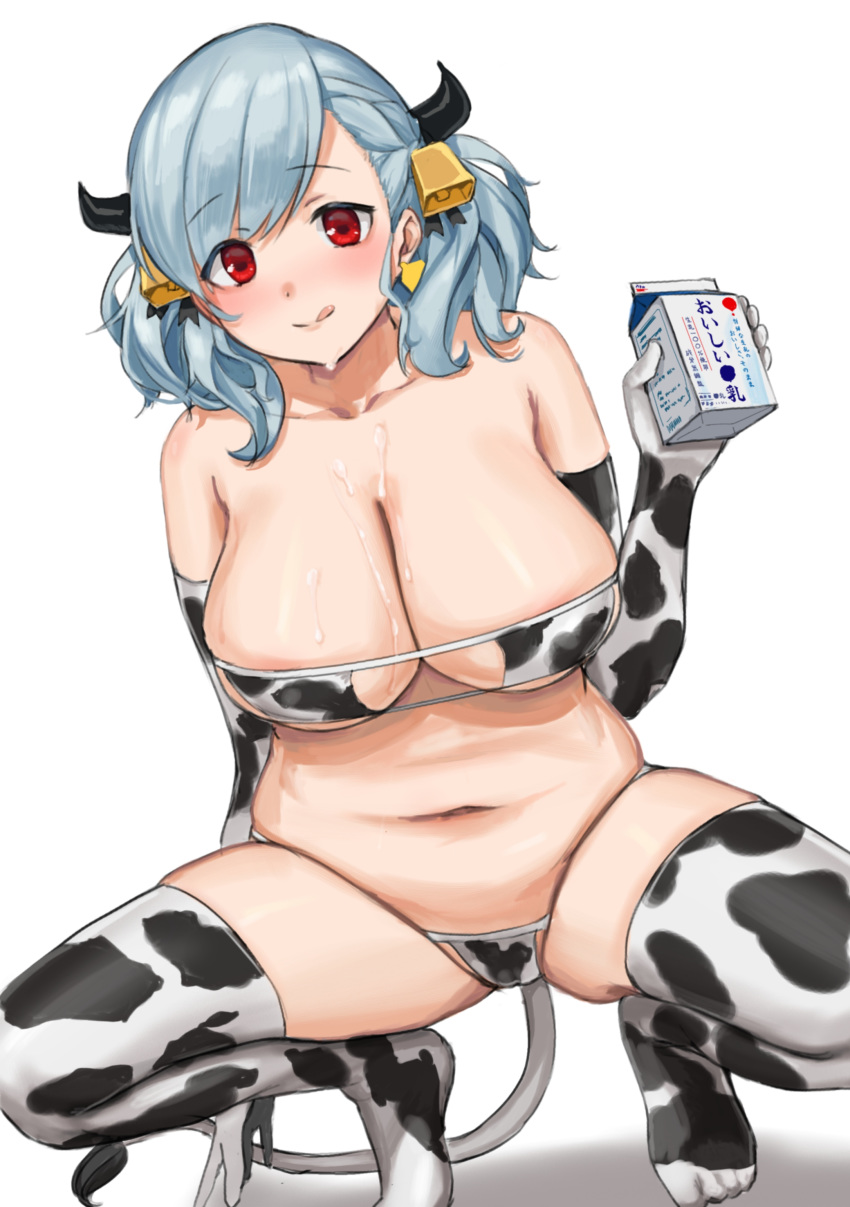 1girl :q absurdres alternate_costume areola_slip areolae bangs bell bikini breasts cow_bell cow_horns cow_tail ear_tag elbow_gloves eyebrows_visible_through_hair girls_frontline gloves grey_hair highres holding horns kuro_(zhurunbo1997) large_breasts medium_hair micro_bikini milk milk_carton navel plump red_eyes shadow simple_background solo spas-12_(girls_frontline) squatting swimsuit tail thighhighs tongue tongue_out white_background