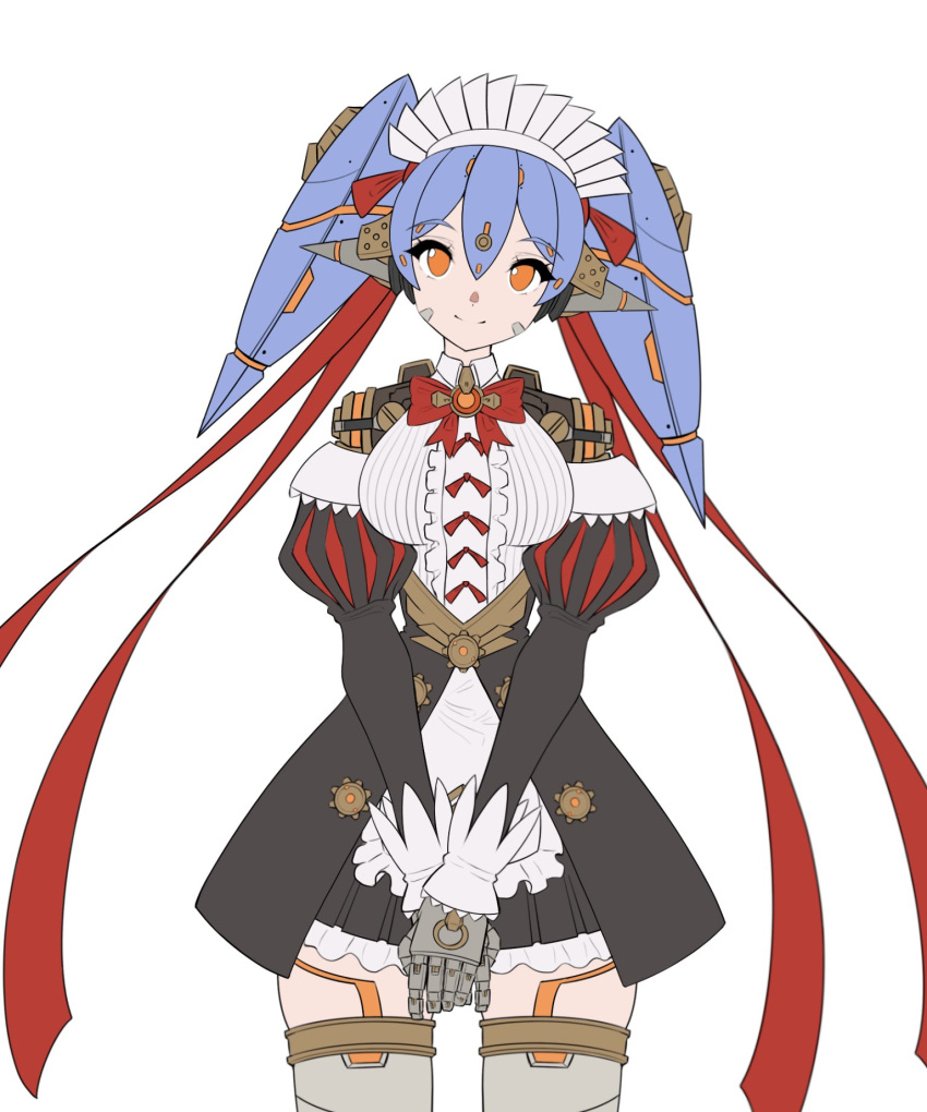 1girl android breasts cowboy_shot head_tilt highres hksicabb joints long_hair maid maid_headdress medium_breasts orange_eyes poppi_(xenoblade) poppi_qt_(xenoblade) purple_hair robot_joints simple_background smile solo thighhighs twintails white_background xenoblade_chronicles_(series) xenoblade_chronicles_2