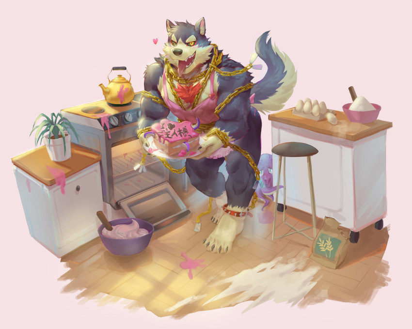 &lt;3 2020 5_toes anklet anthro apron apron_only barazoku biceps biped black_nose blush body_hair bottomless cake canid canine canis cephalopod chain chair chest_hair chest_tuft claws clothed clothing coleoid cooking digital_media_(artwork) dog_tags domestic_dog egg eyebrows feet fingers flour food fur furniture garmr grey_body grey_fur happy hi_res holding_plate inner_ear_fluff inside jewelry kettle kitchen looking_at_viewer male mamaduo mammal marine messy mixing_bowl mollusk mostly_nude multicolored_body multicolored_fur muscular muscular_anthro muscular_male neck_tuft octopodiform one_eye_closed open_mouth oven pink_apron plant potted_plant red_body red_fur smile solo tan_body tan_fur teeth tentacles toes tokyo_afterschool_summoners tongue tongue_out tuft two_tone_body two_tone_fur video_games wink yellow_eyes