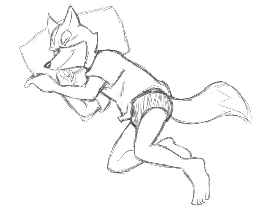 anthro barefoot black_and_white briefs canid canine clothing colored_underwear fox fox_mccloud male mammal monochrome nintendo pillow shirt simple_background sketch sleeping smile solo star_fox t-shirt topwear underwear video_games white_background