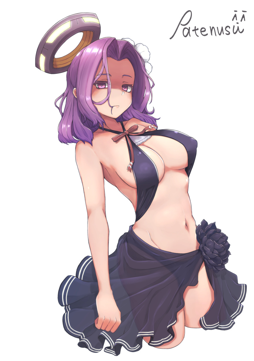 1girl bangs bikini black_swimsuit breasts covered_nipples cropped_legs flower hair_flower hair_in_mouth hair_intakes hair_ornament highres kantai_collection large_breasts mechanical_halo medium_hair patenusu purple_eyes purple_hair sarong shaded_face signature simple_background solo swimsuit tatsuta_(kantai_collection) white_background