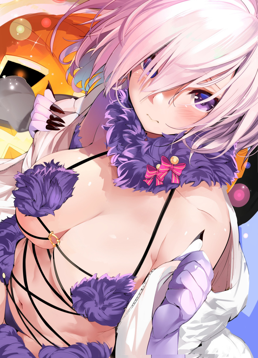 1girl absurdres bangs bare_shoulders blush bow breasts claws cleavage dangerous_beast elbow_gloves eyebrows_visible_through_hair fate/grand_order fate_(series) fur fur-trimmed_gloves fur_collar fur_trim gloves hair_over_one_eye halloween halloween_costume hands_up highres jack-o'-lantern large_breasts looking_at_viewer marushin_(denwa0214) mash_kyrielight medium_hair navel o-ring o-ring_top open_mouth pumpkin purple_eyes purple_gloves purple_hair removing_jacket revealing_clothes revision solo sparkle stomach undressing upper_body