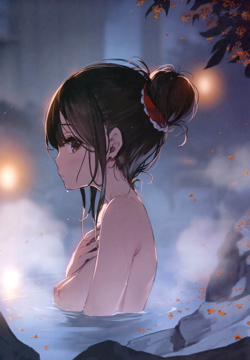 1girl absurdres bangs bath bathing blush breasts brown_eyes brown_hair eyebrows_visible_through_hair hair_bun hakurei_reimu hand_on_own_chest highres huge_filesize ke-ta long_hair looking_at_viewer looking_to_the_side medium_breasts nipples nude onsen open_mouth partially_submerged rock solo touhou water wet