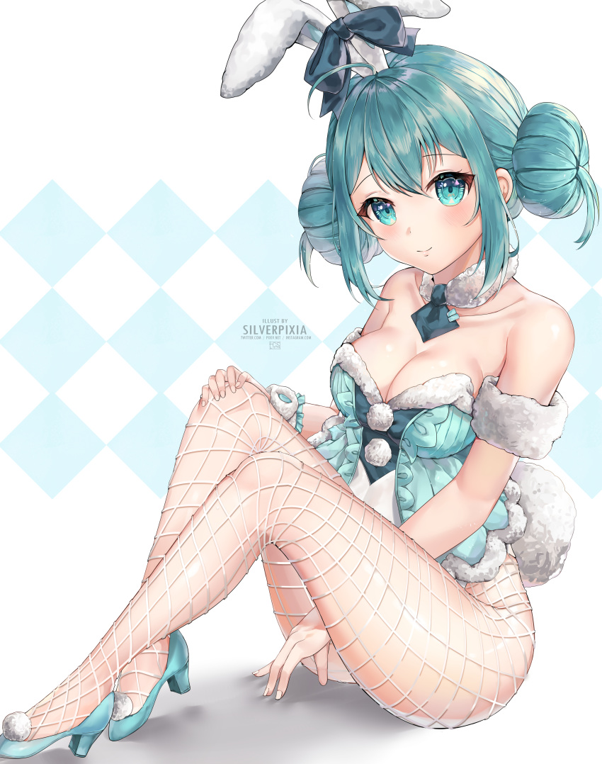 1girl absurdres ahoge animal_ears aqua_eyes aqua_hair artist_name blush breasts bunny_ears bunny_tail cleavage double_bun ear_ribbon fishnet_legwear fishnets full_body hatsune_miku high_heels highres medium_breasts mini_necktie pantyhose sidelocks silverpixia sitting smile solo tail vocaloid