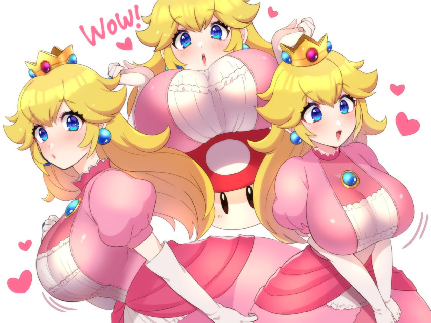 1girl alternate_breast_size blonde_hair blue_eyes blush breast_rest breasts crown dress earrings elbow_gloves english_text gloves heart huge_breasts jewelry kinakosuki lips long_hair looking_at_viewer mario_(series) multiple_views open_mouth pink_dress princess_peach simple_background upper_teeth white_background