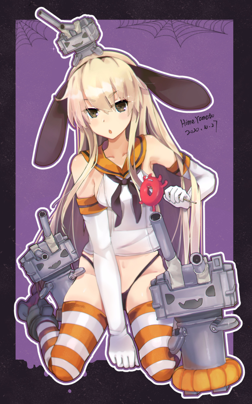 1girl abyssal_ship adapted_costume animal_ears artist_name black_neckwear black_panties blonde_hair bunny_ears commentary_request creature_on_head crop_top dated elbow_gloves enemy_lifebuoy_(kantai_collection) fake_animal_ears gloves grey_eyes halloween highleg highleg_panties highres himeyamato kantai_collection kneeling long_hair looking_at_viewer neckerchief no_pants orange_sailor_collar panties purple_background rensouhou-chan sailor_collar shimakaze_(kantai_collection) silk spider_web striped striped_legwear thighhighs underwear white_gloves