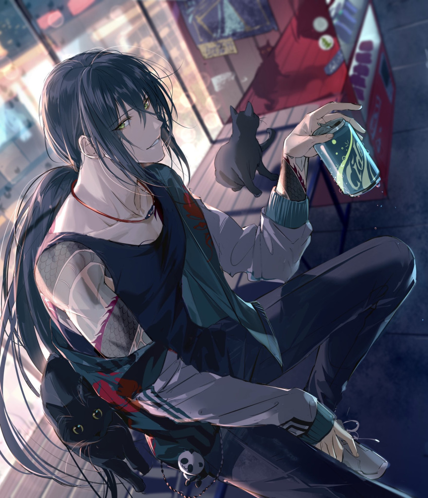 1boy animal arm_tattoo bangs bare_shoulders black_cat black_hair black_pants black_tank_top can cat chinese_commentary collarbone contemporary eyebrows_visible_through_hair eyes_visible_through_hair fate/grand_order fate_(series) green_eyes green_jacket grey_jacket hair_between_eyes hand_up highres holding holding_can jacket jewelry long_hair long_sleeves looking_at_viewer low_ponytail male_focus necklace off_shoulder pants red_neckwear rrr_(reason) shoes sitting smile sneakers soda_can solo tank_top tattoo two-tone_jacket vending_machine white_footwear yan_qing_(fate/grand_order)