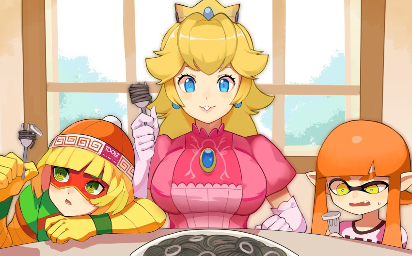 3girls bangs beanie blonde_hair blue_eyes blunt_bangs breasts commentary_request domino_mask earrings elbow_gloves fang food fork gem gloves green_eyes hat highres holding holding_fork indoors inkling jewelry katwo large_breasts long_hair lower_teeth mask min_min_(arms) multiple_girls orange_hair plate pointy_ears princess_peach puffy_short_sleeves puffy_sleeves shirt short_hair short_sleeves super_smash_bros. sweatdrop teeth white_gloves window