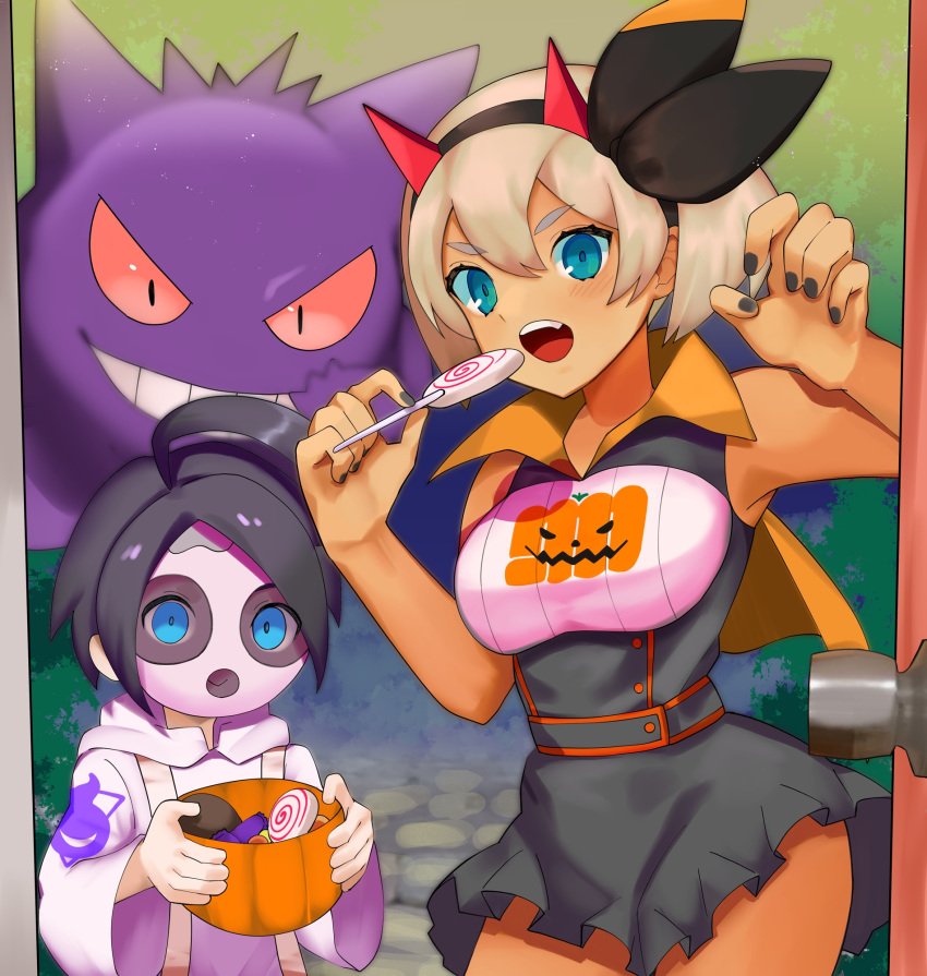 1boy 1girl :&gt; ahoge allister_(pokemon) alternate_costume bangs bea_(pokemon) black_hair black_nails blue_eyes blush breasts candy capelet commentary_request dark_skin door doorknob fake_horns fang food gen_1_pokemon gengar gloves gym_leader hairband halloween hands_up highres holding horns katwo lollipop looking_at_viewer mask nail_polish open_mouth orange_capelet poke_ball pokemon pokemon_(creature) pokemon_(game) pokemon_swsh pumpkin_print purple_eyes short_hair shorts smile suspenders teeth