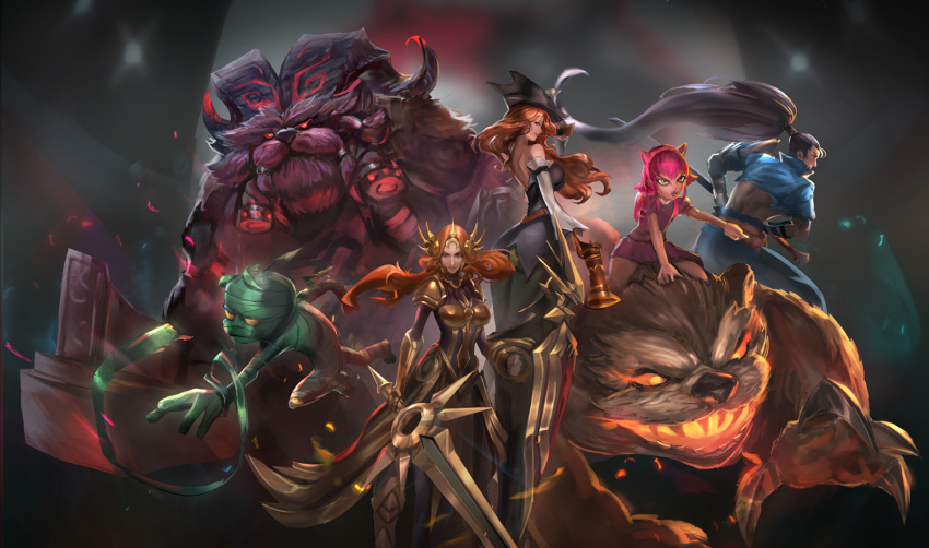 3boys 3girls amumu annie_hastur black_hair breasts cglas chest_guard green_eyes gun handgun highres large_breasts league_of_legends leona_(league_of_legends) long_hair multiple_boys multiple_girls mummy orange_hair ornn pistol red_hair sarah_fortune shield sword tagme tibbers weapon yasuo_(league_of_legends)