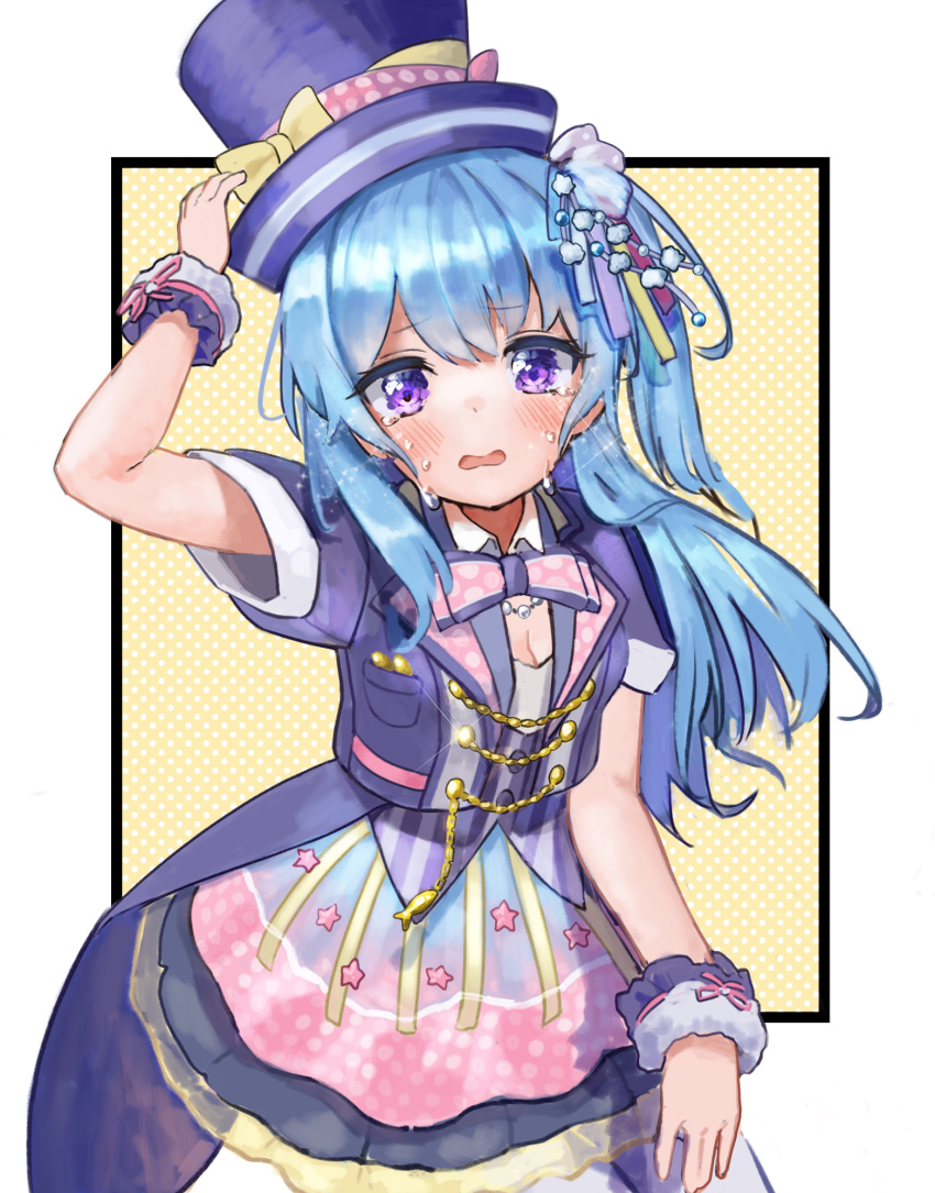 1girl bang_dream! blue_eyes blush bow breasts cleavage crying crying_with_eyes_open dress frilled_dress frills hair_ornament hand_on_own_head hat hat_bow hello_happy_world! highres jewelry long_hair matsubara_kanon seojinhui short_sleeves skirt star_(symbol) tears