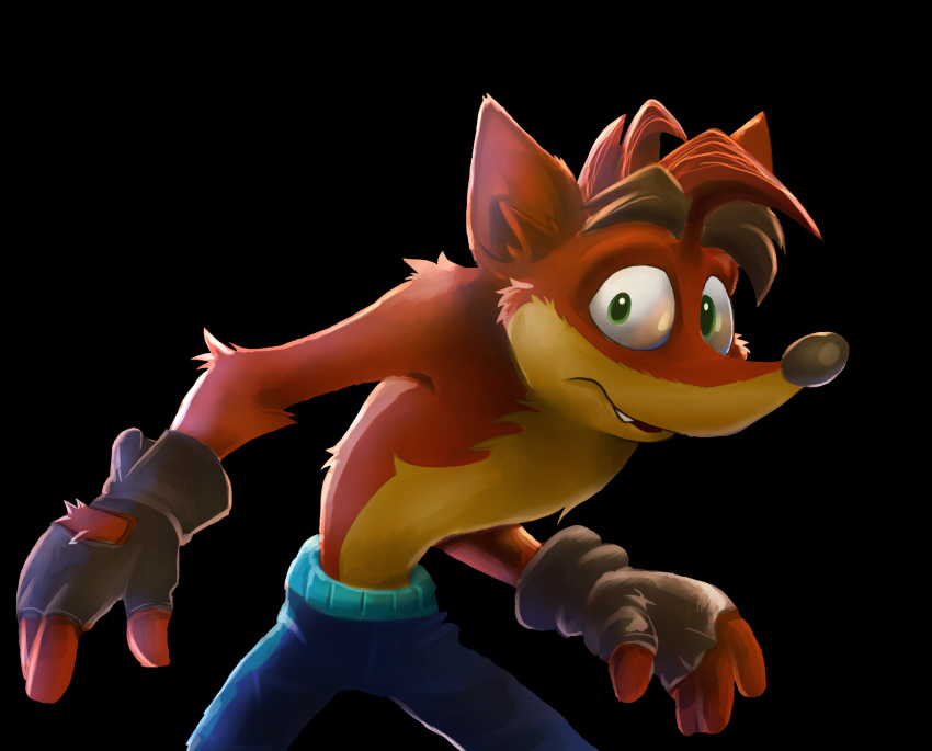 2020 activision anthro bandicoot clothed clothing crash_bandicoot crash_bandicoot_(series) fingerless_gloves fur gloves green_eyes handwear hi_res male mammal marsupial simple_background solo topless video_games zombiecat