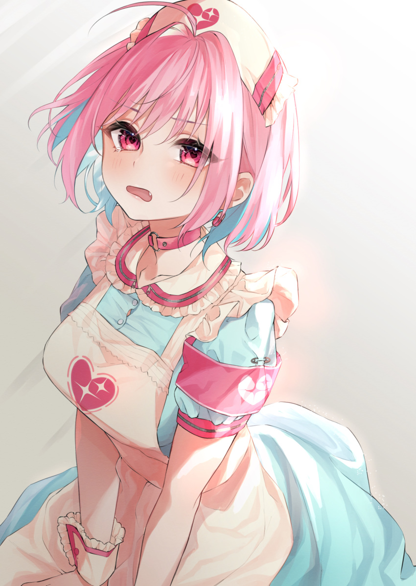 1girl absurdres apron aqua_dress aqua_hair blush breasts collar dress earrings fang hat heart heart-shaped_pupils highres idolmaster idolmaster_cinderella_girls jewelry large_breasts looking_at_viewer multicolored_hair nurse nurse_cap open_mouth pill pink_eyes pink_hair simple_background solo symbol-shaped_pupils tamafurin teardrop tears white_background wrist_cuffs wristband yumemi_riamu