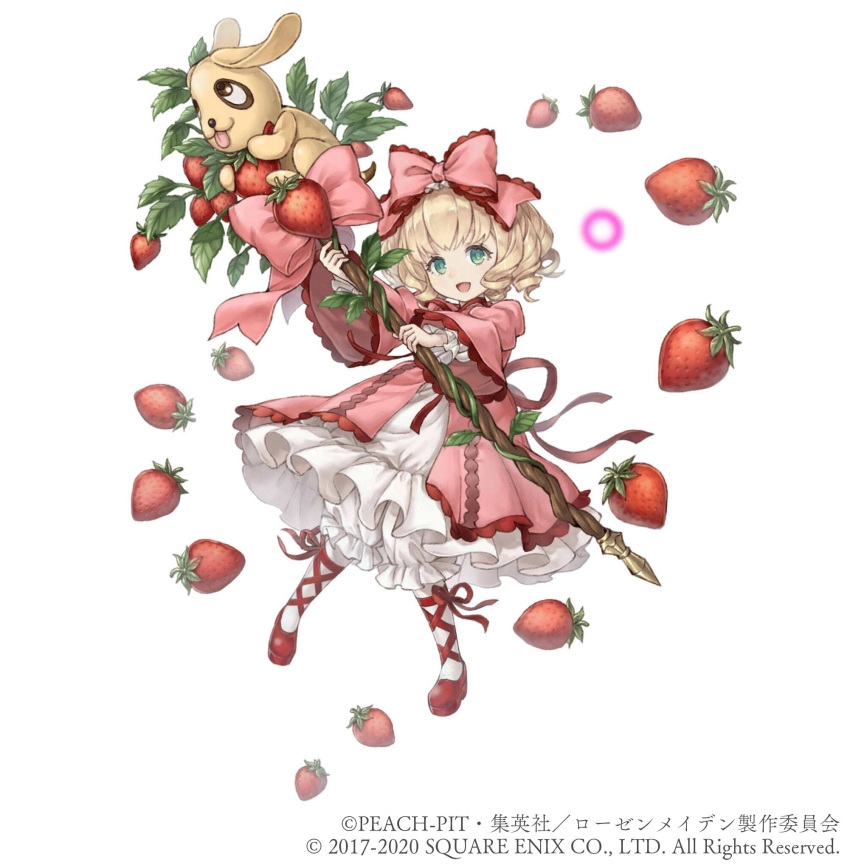 1girl blonde_hair bow crossover dress drill_hair food frilled_dress frills fruit full_body gothic_lolita green_eyes hair_bow highres hina_ichigo holding holding_staff ji_no lolita_fashion looking_at_viewer official_art pink_dress rozen_maiden sinoalice solo square_enix staff strawberry stuffed_animal stuffed_toy white_background
