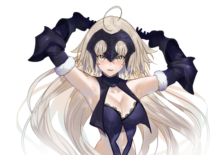 armor blonde_hair breasts cleavage cropped elbow_gloves fate/grand_order fate_(series) gloves headdress jeanne_d'arc_(fate) jeanne_d'arc_alter jikatarou long_hair navel white yellow_eyes