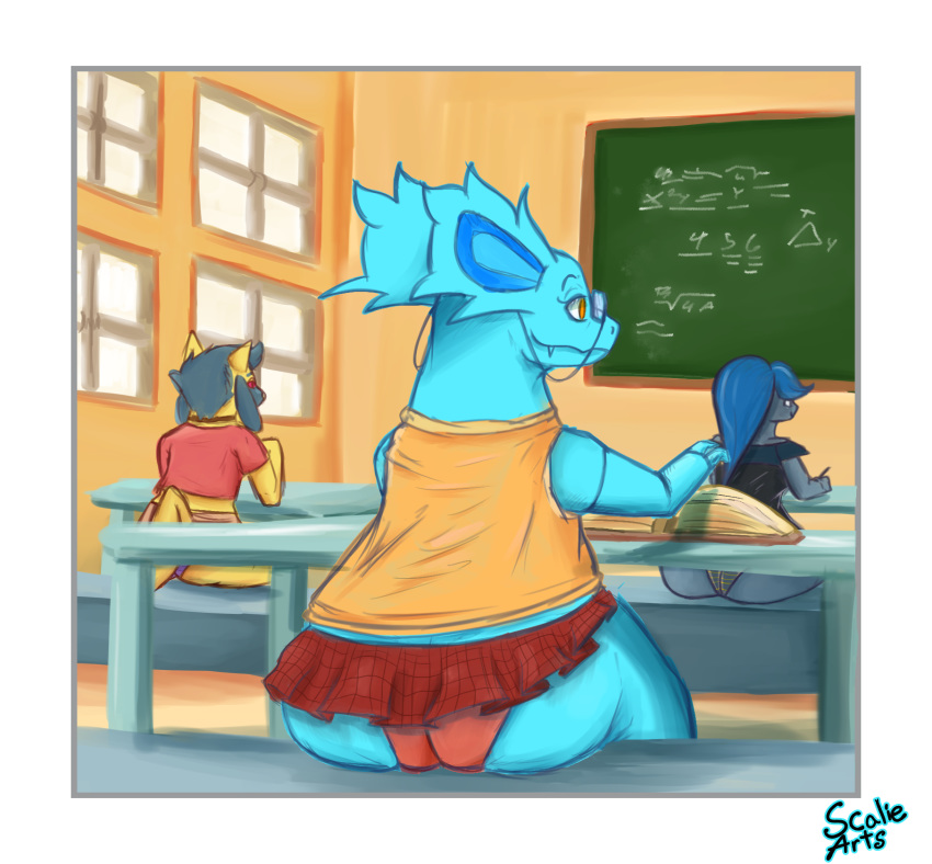 anthro baby_pok&eacute;mon big_butt bottomwear butt canid canine classroom clothed clothing cranidos digital_media_(artwork) dinosaur eyewear female feral fossil_pok&eacute;mon fur glasses goopyarts group hair hi_res huge_butt mammal nidorina nintendo panties pok&eacute;mon pok&eacute;mon_(species) reptile riolu scalie school skirt slightly_chubby thick_thighs topwear underwear upskirt video_games wide_hips