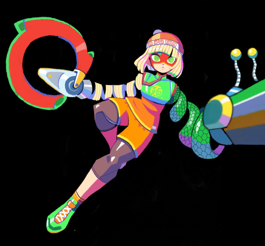 1girl arms_(game) bangs beanie black_background black_legwear blonde_hair blunt_bangs denaseey full_body green_eyes green_footwear hat highres legwear_under_shorts looking_at_viewer min_min_(arms) orange_shorts pantyhose shoes short_hair shorts simple_background solo