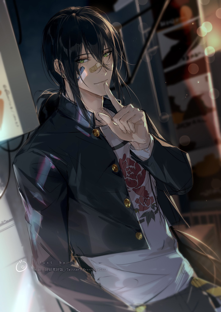 1boy bandaid bandaid_on_face bandaid_on_nose bangs black_hair black_jacket black_pants blurry blurry_background buttons closed_mouth fate/grand_order fate_(series) finger_to_mouth green_eyes hair_between_eyes hand_up highres jacket light_smile long_hair long_sleeves looking_at_viewer low_ponytail male_focus pants ponytail rrr_(reason) shirt shushing solo standing twitter_username upper_body very_long_hair watermark weibo_username white_shirt yan_qing_(fate/grand_order)