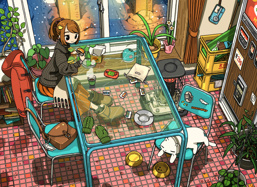 1girl absurdres artist_logo ashtray bag black_eyes bookshelf boots brown_hair cat coat coat_removed container cup curtains disposable_cup fake_wood food from_above fur_boots glass_bottle glass_table hamburger highres indoors long_skirt metal_chair mittens mittens_removed nintendo_switch oil_heater original patio plant ponytail potted_plant red_coat red_skirt reflection shoulder_bag skirt snow snowing solo steam sweater table takeout_container tao_(tao15102) tile_floor tiles ugg_boots vending_machine vintage_vending_machine watch water_dish wristwatch