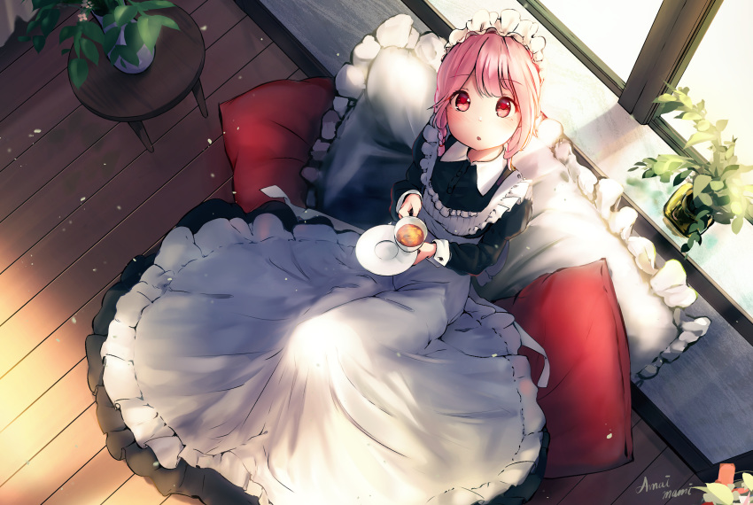 1girl amamami_prime apron blush braid cup dress from_above hair_between_eyes highres indoors long_dress looking_at_viewer maid maid_apron maid_dress maid_headdress medium_hair multicolored multicolored_eyes open_mouth original pillow pink_eyes pink_hair plant red_eyes short_twintails single_braid sitting solo tea teacup twintails window