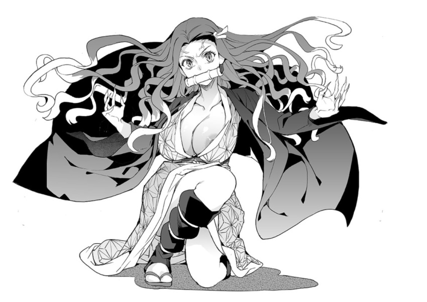 1girl areola_slip areolae azukiko bamboo bit_gag black_legwear breasts checkered_obi cleavage commentary_request fingernails gag greyscale hair_ribbon haori japanese_clothes kamado_nezuko kimetsu_no_yaiba kimono large_breasts long_hair looking_at_viewer monochrome older ribbon sandals sharp_fingernails solo squatting veins