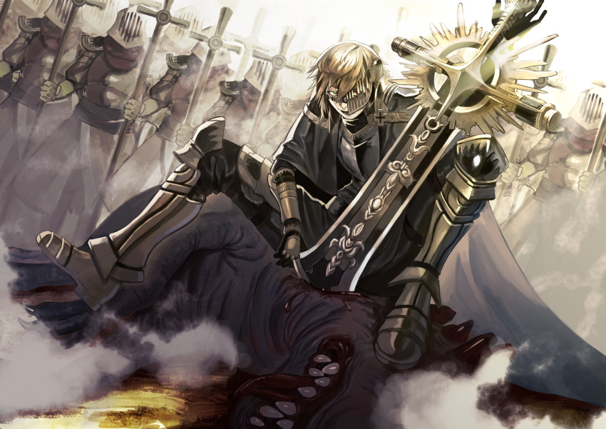 1boy 6+others armor black_cape bleeding blonde_hair blood breastplate cape cross death dust dust_cloud full_armor greaves green_eyes hair_between_eyes helm helmet heterochromia highres holding holding_staff holding_sword holding_weapon huge_weapon kyo_niku light_rays looking_at_viewer lower_teeth mask monster multiple_others open_mouth original pauldrons planted planted_sword planted_weapon red_eyes sharp_teeth shoulder_armor sitting smile solo_focus staff stepped_on sword teeth tongue tongue_out vambraces weapon