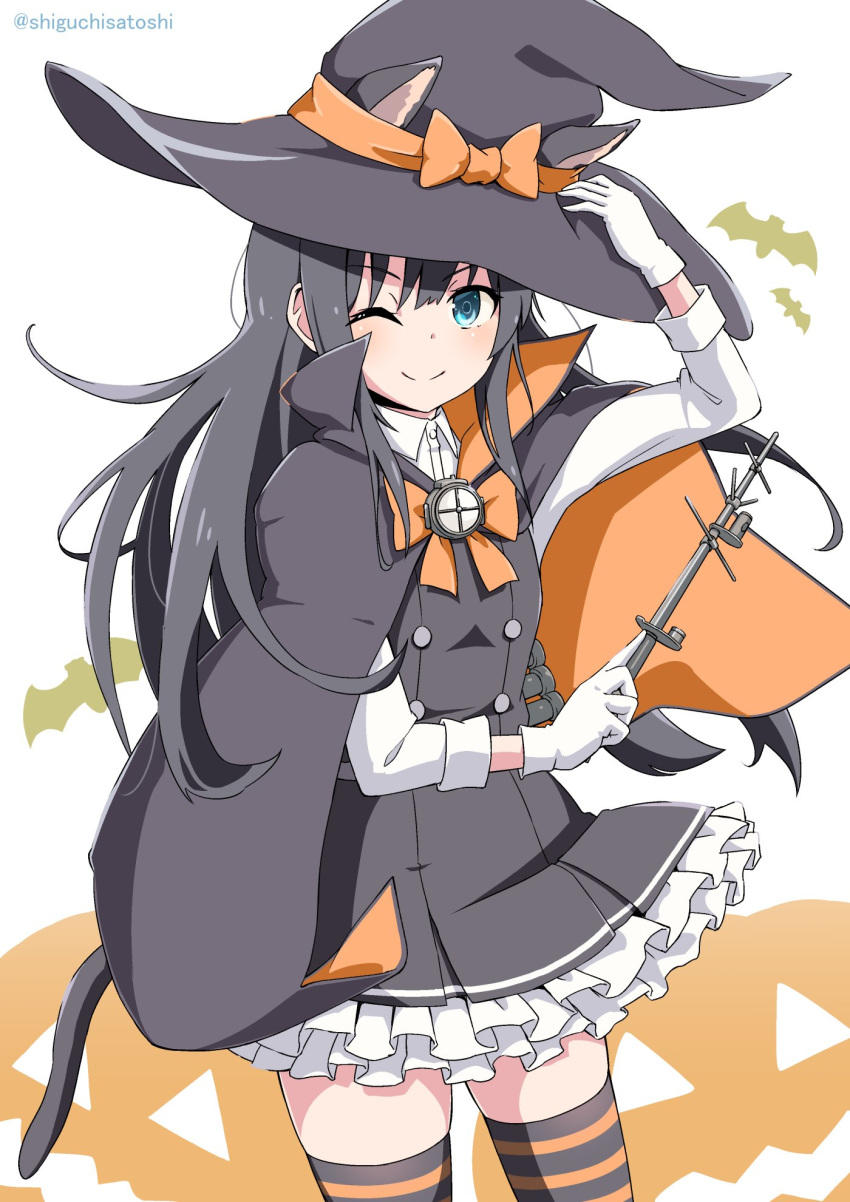 1girl animal_ears asashio_(kantai_collection) bat black_cape black_hair black_headwear blue_eyes cape cat_ears cat_tail contrapposto cowboy_shot dress frilled_dress frills gloves hat highres jack-o'-lantern kantai_collection long_hair long_sleeves one_eye_closed panikuru_yuuto pinafore_dress searchlight shirt smile solo standing striped striped_legwear tail thighhighs twitter_username wand white_gloves white_shirt witch_hat