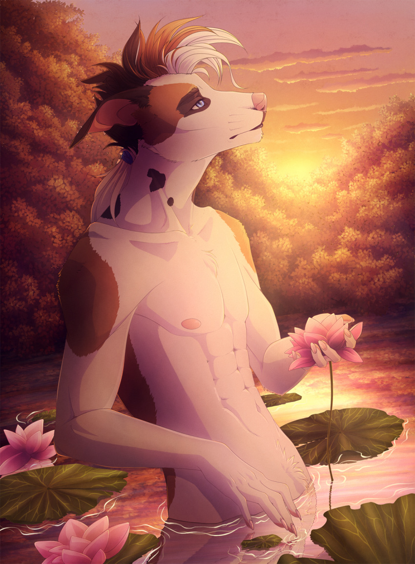 2018 5_fingers abs anthro blue_eyes canid canine canis day detailed_background digital_media_(artwork) domestic_dog fingers flower hair hi_res lynjox male mammal outside partially_submerged pink_nose plant sky solo white_hair