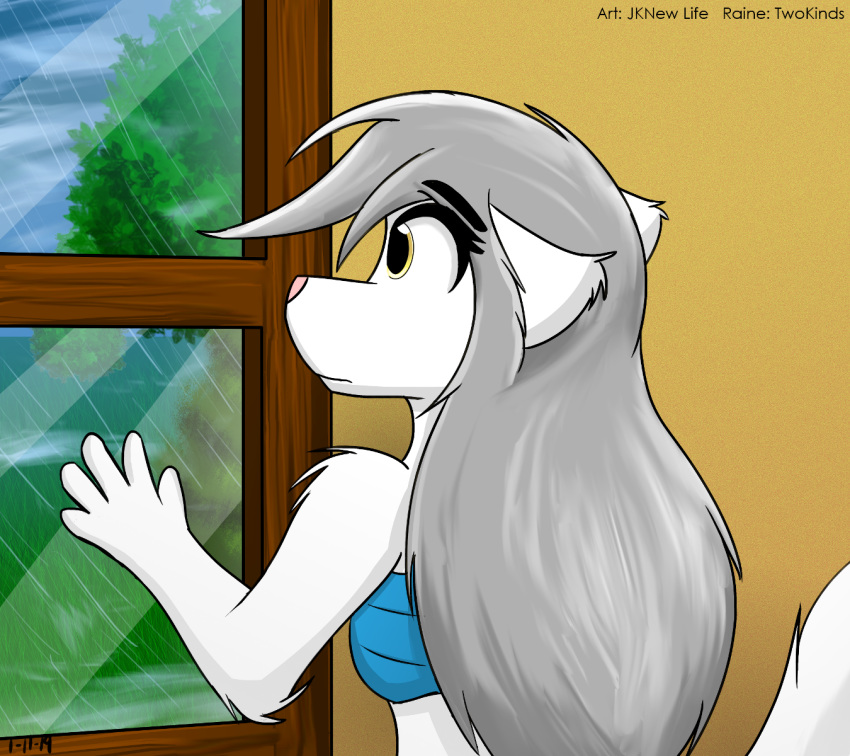 anthro canid canine canis female hi_res jknewlife keidran mammal raine_silverlock raining solo tree twokinds webcomic window wolf