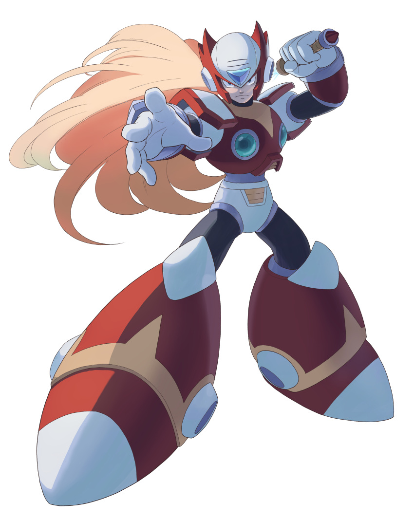 1boy absurdres android armor blonde_hair blue_eyes energy_sword fighting_stance full_body gloves helmet highres holding long_hair looking_at_viewer male_focus ponytail robot rockman rockman_x simple_background solo sword tanaka very_long_hair weapon white_background z_saber zero_(rockman)