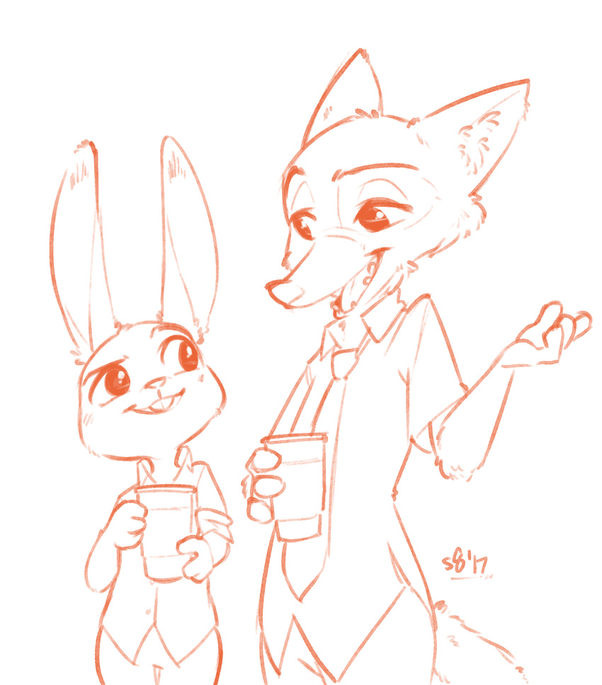 2017 alec8ter anthro bottomwear buckteeth canid canine clothed clothing cup disney duo female fox fully_clothed fur hi_res holding_cup holding_object judy_hopps lagomorph leporid looking_at_another male mammal monochrome necktie nick_wilde open_mouth open_smile orange_and_white pants rabbit red_fox shirt simple_background smile teeth topwear white_background zootopia