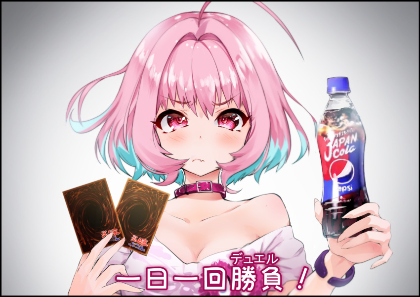 1girl ahoge bangs black_border blue_hair blush border bottle bracelet breasts card closed_mouth cluseller cola collar collarbone commentary_request drink english_text eyebrows_visible_through_hair fang gradient gradient_background grey_background hands_up holding idolmaster idolmaster_cinderella_girls jewelry medium_breasts multicolored_hair off_shoulder pepsi pepsi_japan_cola_challenge pink_eyes pink_hair pink_shirt playing_card ring shiny shiny_hair shirt short_hair short_sleeves simple_background skin_fang solo translation_request two-tone_hair upper_body white_shirt yu-gi-oh! yumemi_riamu