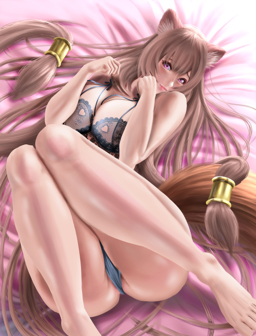 1girl alternate_eye_color animal_ears bangs barefoot bed_sheet blue_bra blue_panties bra breasts brown_hair cleavage closed_mouth dorian_oishiiyo hair_between_eyes hair_tubes highres lace-trimmed_bra lace_trim large_breasts long_hair looking_at_viewer lying on_back panties pink_eyes raccoon_ears raccoon_girl raccoon_tail raphtalia smile solo tail tate_no_yuusha_no_nariagari underwear underwear_only very_long_hair