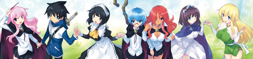 1boy 6+girls ascot black_hair black_skirt blonde_hair blue_hair bolo_tie cape cowboy_shot dark_skin henrietta_de_tristain highres hiraga_saito holding holding_hands kirche_augusta_frederica_von_anhalt_zerbst long_image louise_francoise_le_blanc_de_la_valliere maid maid_headdress multiple_girls noise_reduction official_art pentacle pentagram pink_hair princess purple_cape purple_hair red-framed_eyewear red_hair scan semi-rimless_eyewear siesta_(zero_no_tsukaima) skirt staff sword sword_behind_back tabitha_(zero_no_tsukaima) tiara tiffania_westwood under-rim_eyewear usatsuka_eiji weapon wide_image zero_no_tsukaima