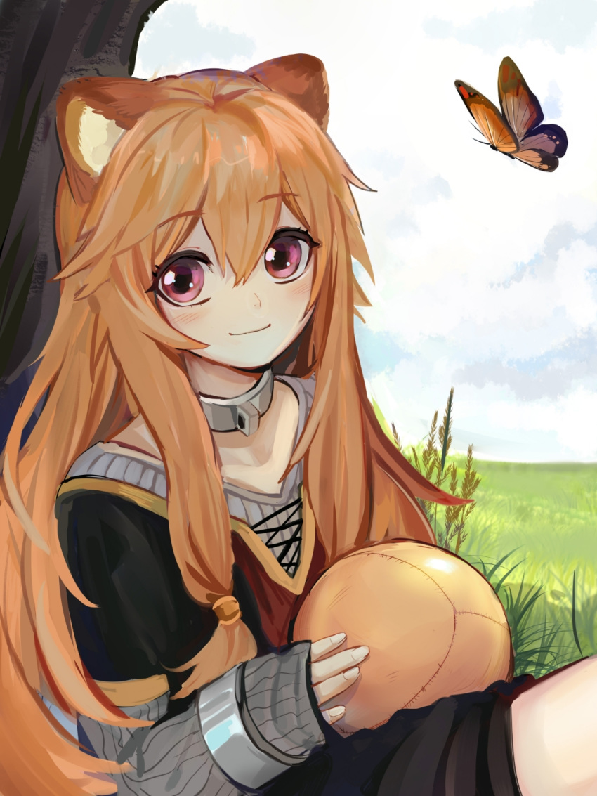 1girl against_tree animal_ears ball bangs bug butterfly closed_mouth cloud cloudy_sky collar day dress eyebrows_visible_through_hair grey_sweater hair_between_eyes highres holding holding_ball insect long_hair long_sleeves looking_at_viewer orange_hair outdoors raccoon_ears raccoon_girl raphtalia red_eyes ribbed_sweater sei_(pixiv18981446) shiny shiny_hair short_dress short_over_long_sleeves short_sleeves sitting sky sleeves_past_wrists smile solo sweater tate_no_yuusha_no_nariagari tree very_long_hair