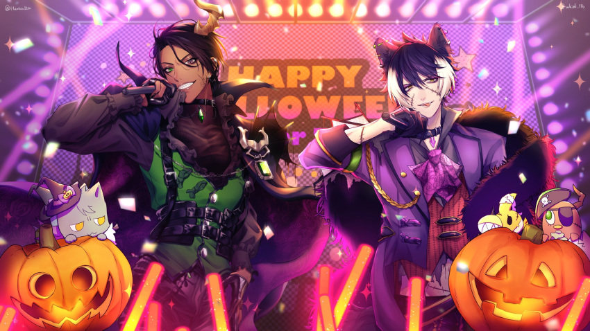 2boys animal_ears aragami_ouga ascot bangs black_cape black_hair black_shirt cape collaboration collar commentary_request confetti earrings eyebrows_visible_through_hair glowstick green_eyes hair_between_eyes halloween halloween_costume hanaco_(hanaco_1230) highres holding holding_microphone holostars horns jackal_ears jacket jewelry jinra_(mkzk_116) kageyama_shien looking_at_viewer microphone multicolored_hair multiple_boys pumpkin purple_eyes purple_jacket sharp_teeth shirt single_horn sparkle stage stage_lights stitches swept_bangs teeth tongue tongue_out two-tone_hair virtual_youtuber white_hair yellow_eyes